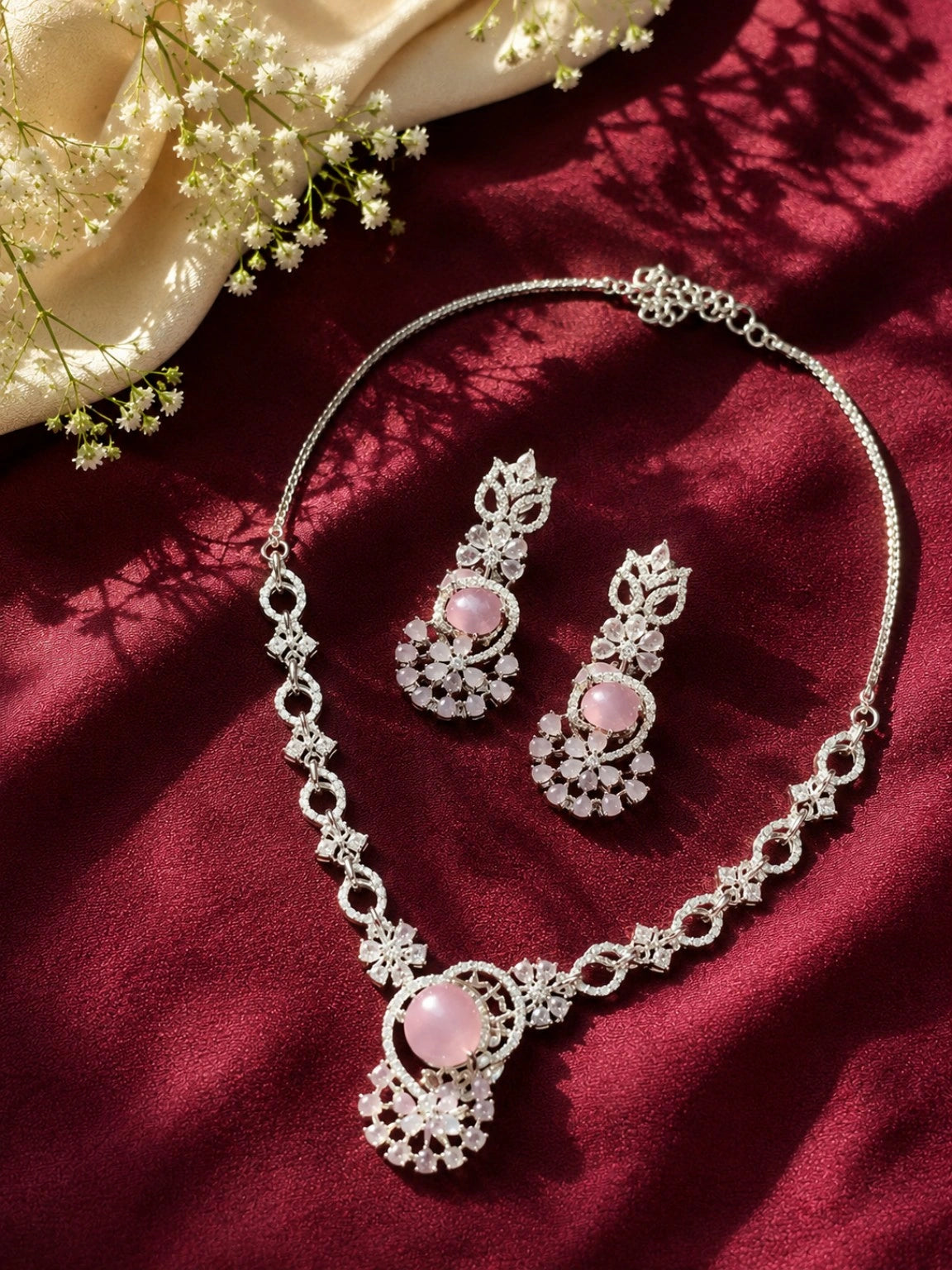 Silver-Tone Pink Stone Floral Pendant Necklace Set with Matching Drop Earrings