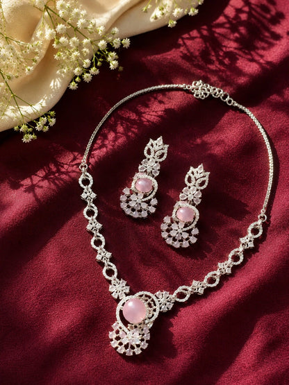Silver-Tone Pink Stone Floral Pendant Necklace Set with Matching Drop Earrings