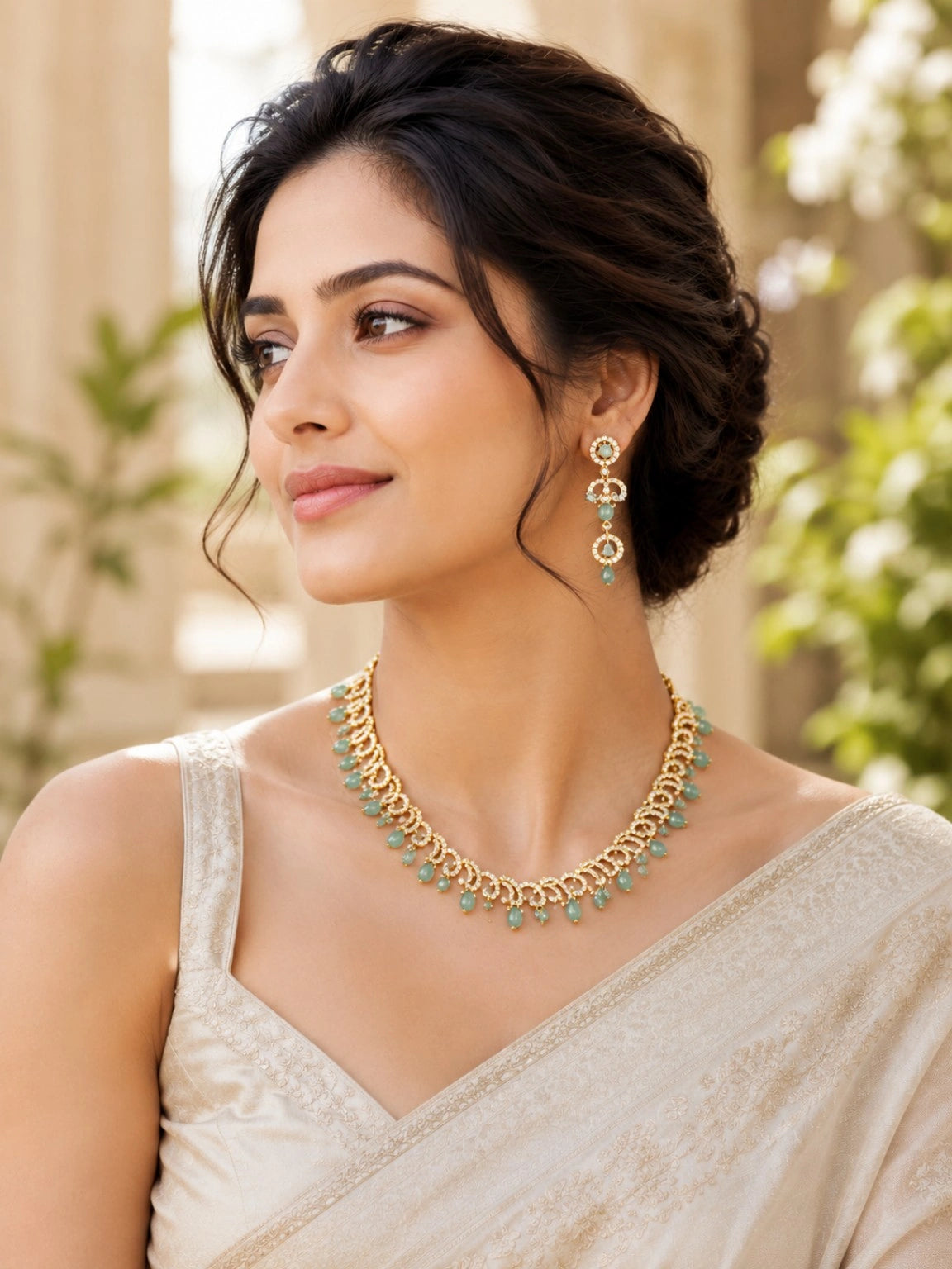 Gold-Tone Mint Green Teardrop Stone Necklace Set with Matching Drop Earrings