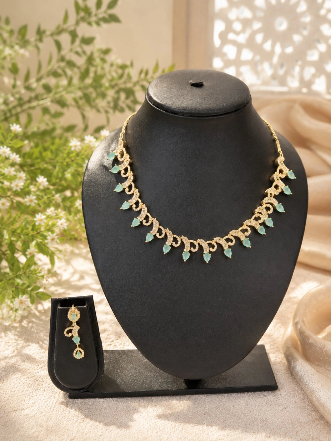 Gold-Tone Mint Green Teardrop Stone Necklace Set with Matching Drop Earrings