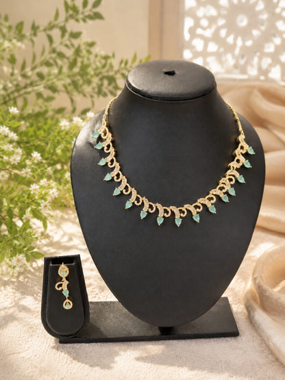 Gold-Tone Mint Green Teardrop Stone Necklace Set with Matching Drop Earrings