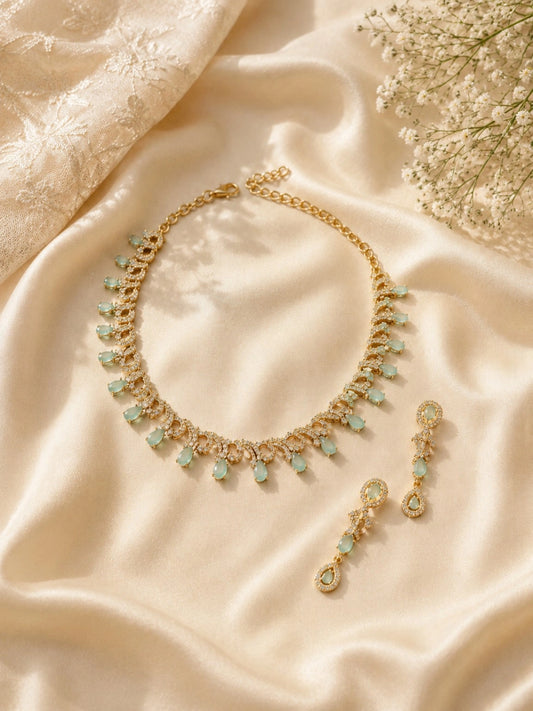 Gold-Tone Mint Green Teardrop Stone Necklace Set with Matching Drop Earrings