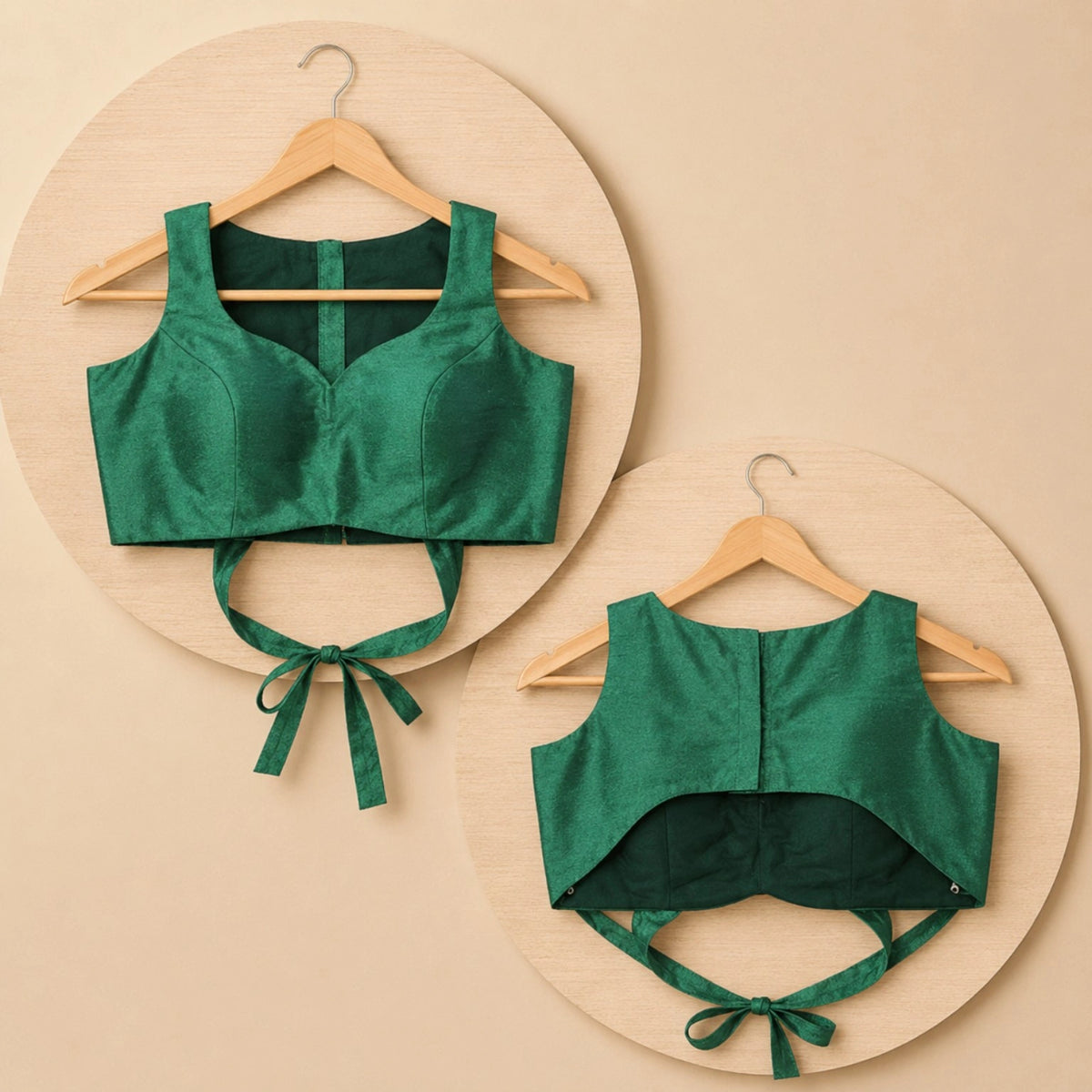 Emerald Green Raw Silk Sweetheart Neck Sleeveless Blouse with Tie-Up Back