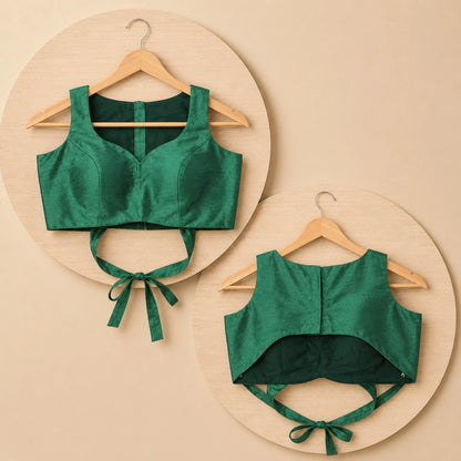 Emerald Green Raw Silk Sweetheart Neck Sleeveless Blouse with Tie-Up Back