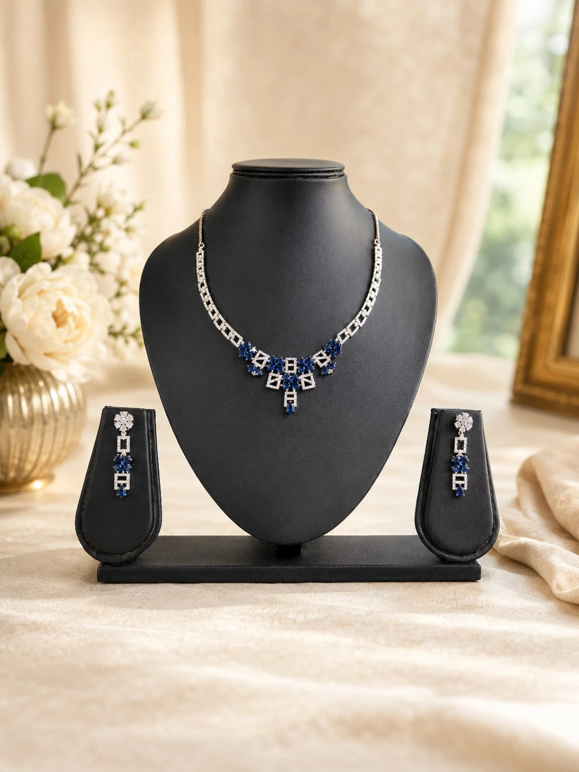 Silver-Tone Blue Crystal Floral Geometric Necklace Set with Drop Earrings