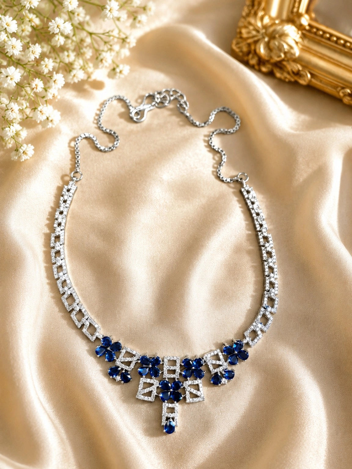 Silver-Tone Blue Crystal Floral Geometric Necklace Set with Drop Earrings