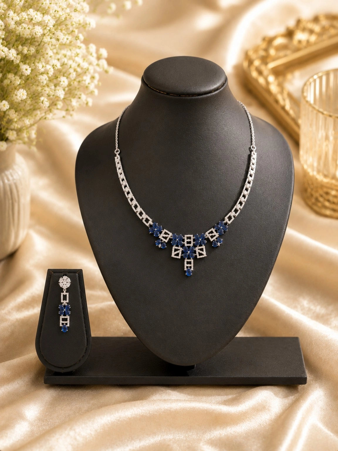 Silver-Tone Blue Crystal Floral Geometric Necklace Set with Drop Earrings