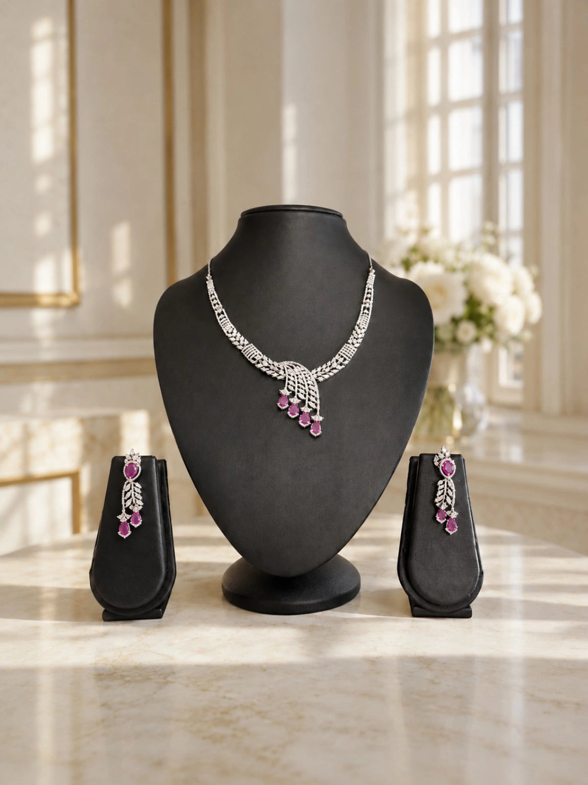 Silver-Tone Clear Stone & Magenta Drop Designer Necklace Set with Matching Earrings