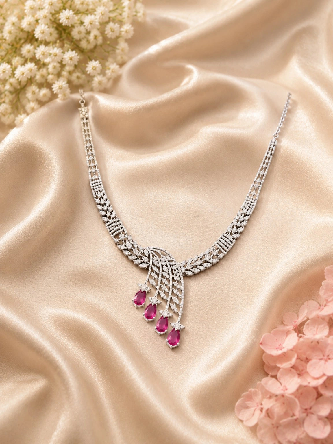 Silver-Tone Clear Stone & Magenta Drop Designer Necklace Set with Matching Earrings