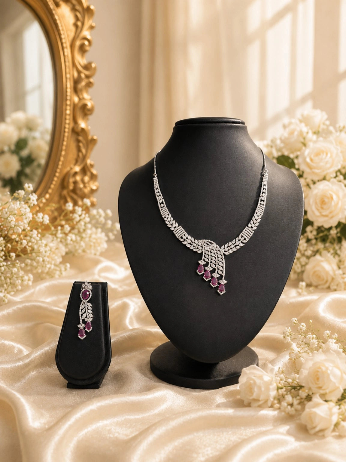 Silver-Tone Clear Stone & Magenta Drop Designer Necklace Set with Matching Earrings