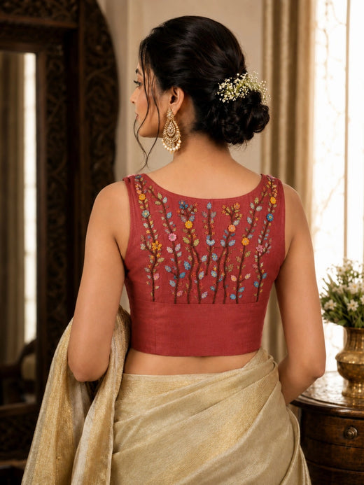 Maroon Pure Cotton Multicolor Floral Thread Work Razor Cut Sleeveless Blouse