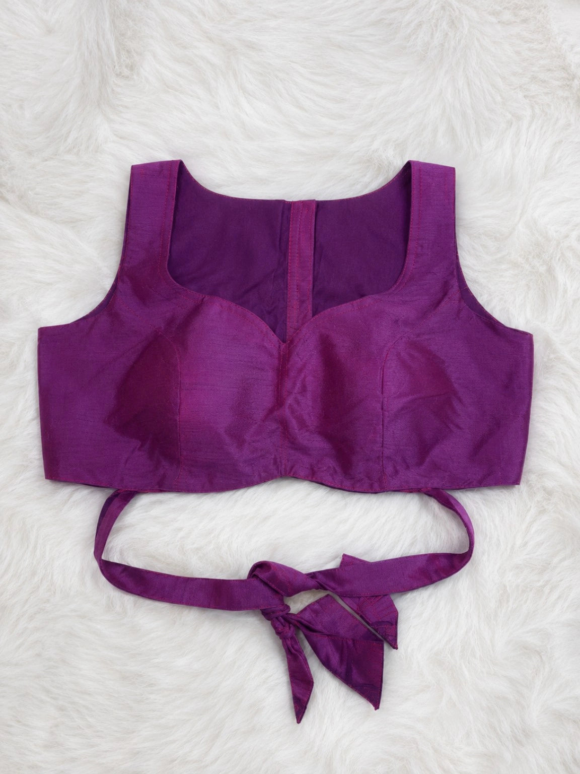 Purple Raw Silk Sweetheart Neck Sleeveless Blouse with Back Tie
