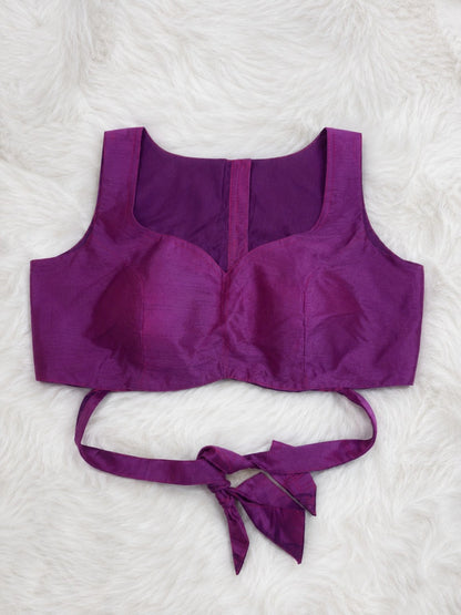 Purple Raw Silk Sweetheart Neck Sleeveless Blouse with Back Tie