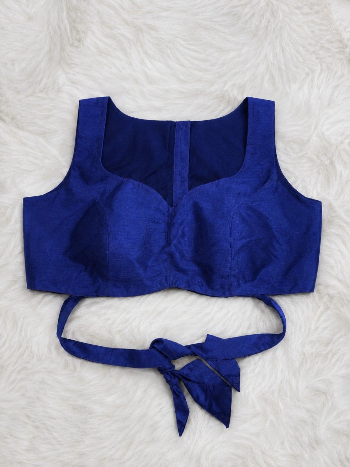 Royal Blue Raw Silk Sweetheart Neck Sleeveless Blouse with Back Tie-Up