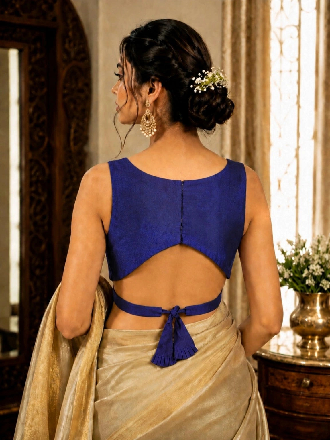 Royal Blue Raw Silk Sweetheart Neck Sleeveless Blouse with Back Tie-Up