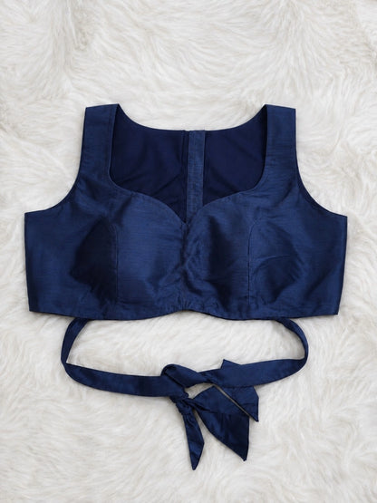 Navy Blue Raw Silk Sweetheart Neck Sleeveless Cutout Back Blouse – Size 34F