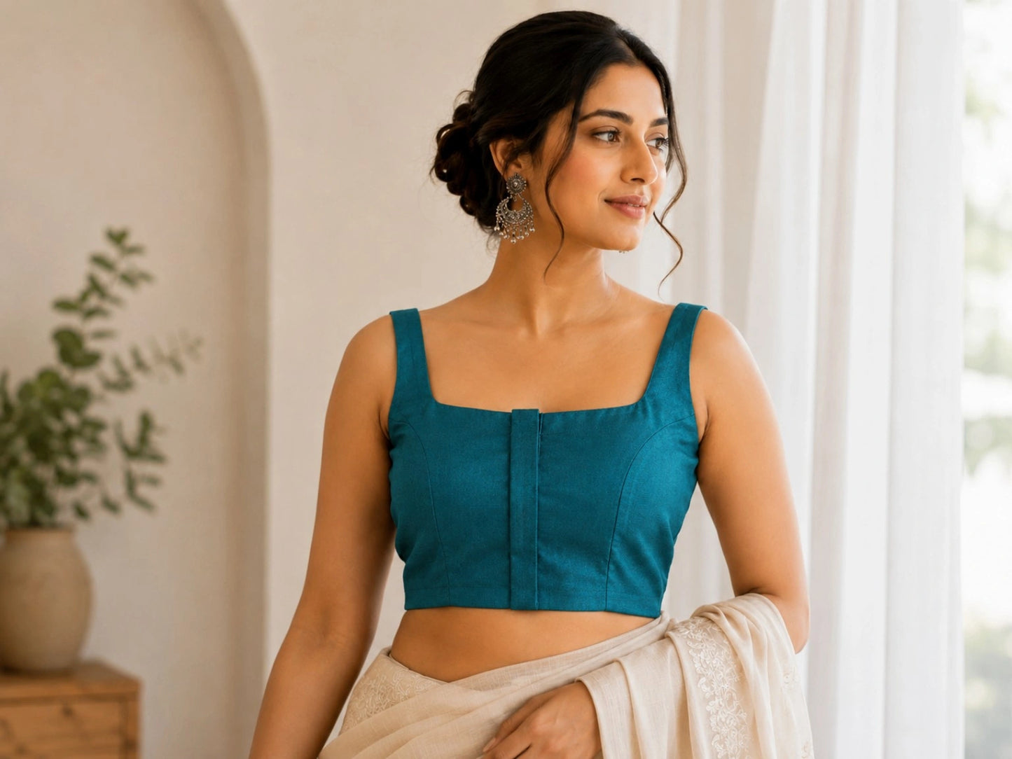 Teal Green Pure Cotton Razor Cut Sleeveless Blouse with Square Neck – Size 34F