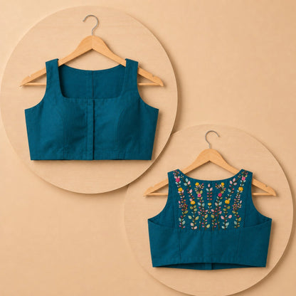 Teal Green Pure Cotton Razor Cut Sleeveless Blouse with Square Neck – Size 34F