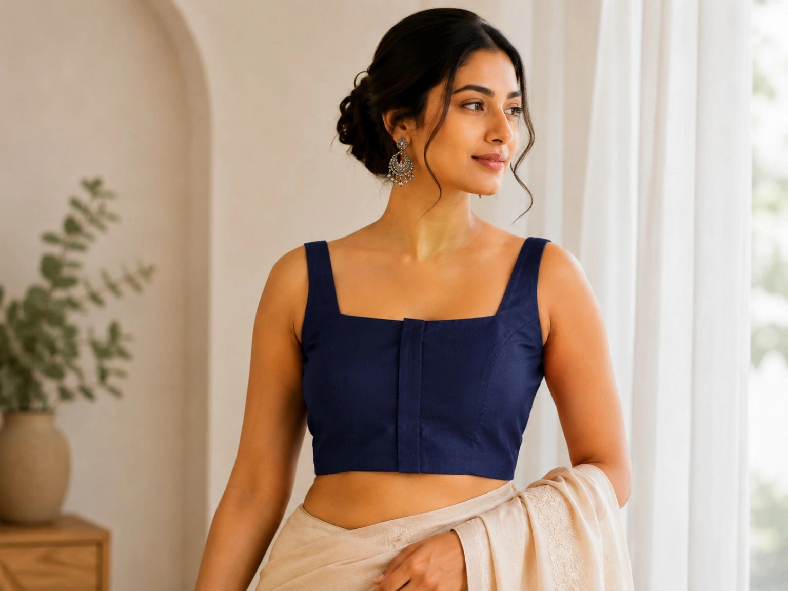 Navy Blue Pure Cotton Razor Cut Square Neck Sleeveless Blouse