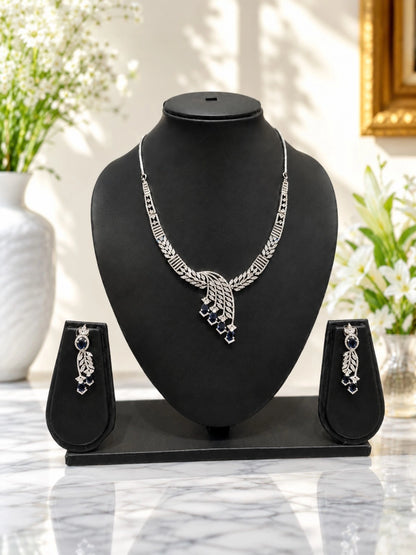 Silver-Tone Leaf Motif Blue Stone Necklace Set with Matching Drop Earrings