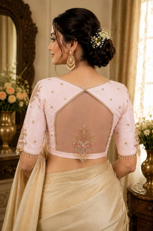 Blush Pink Raw Silk Bridal Ari Work Blouse with Floral Embroidery 