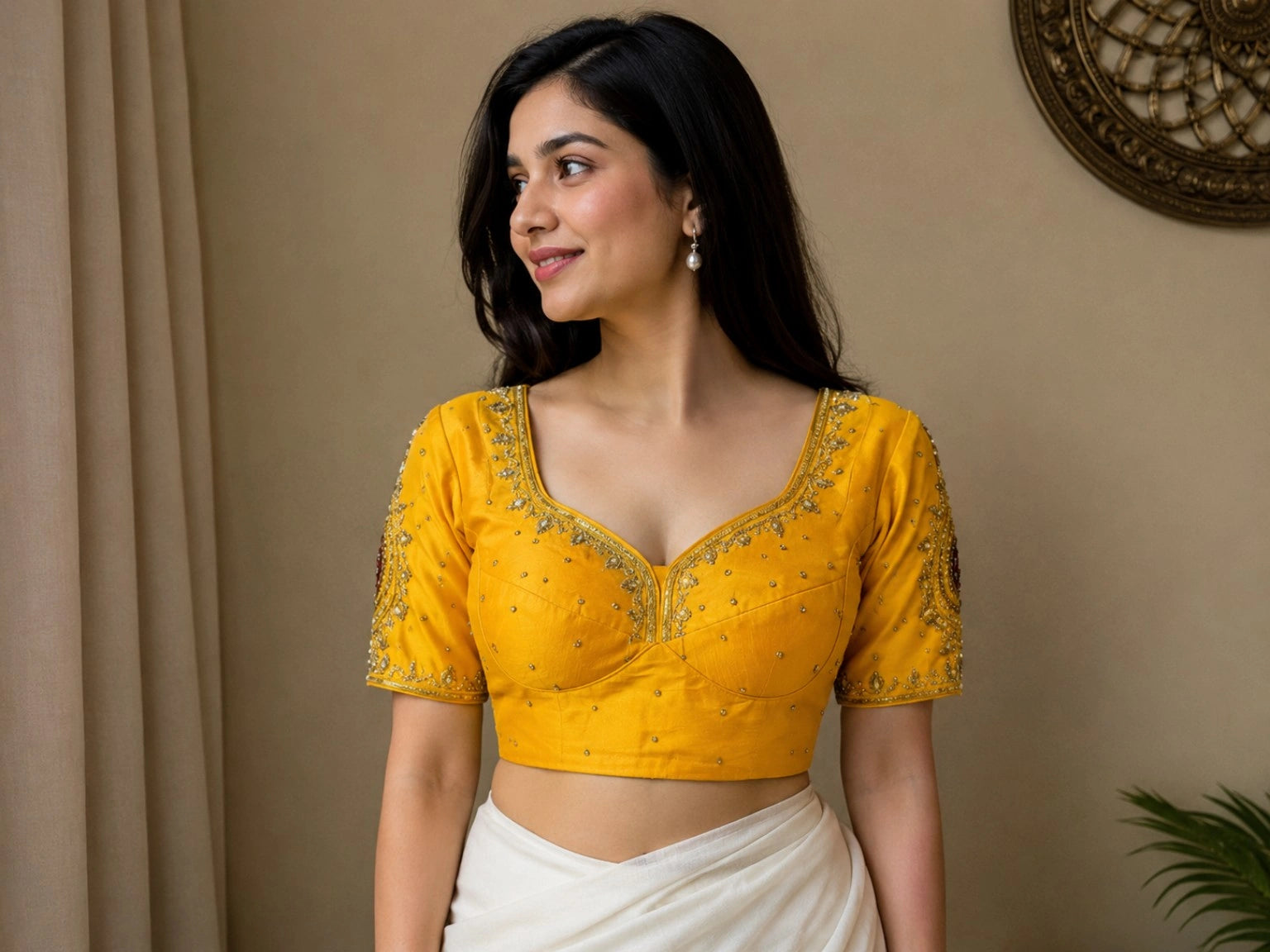 Mustard Yellow Raw Silk Bridal Ari Work Sweetheart Neck Blouse