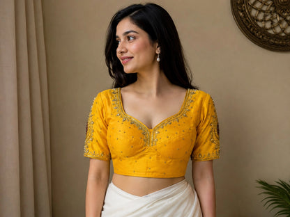 Mustard Yellow Raw Silk Bridal Ari Work Sweetheart Neck Blouse