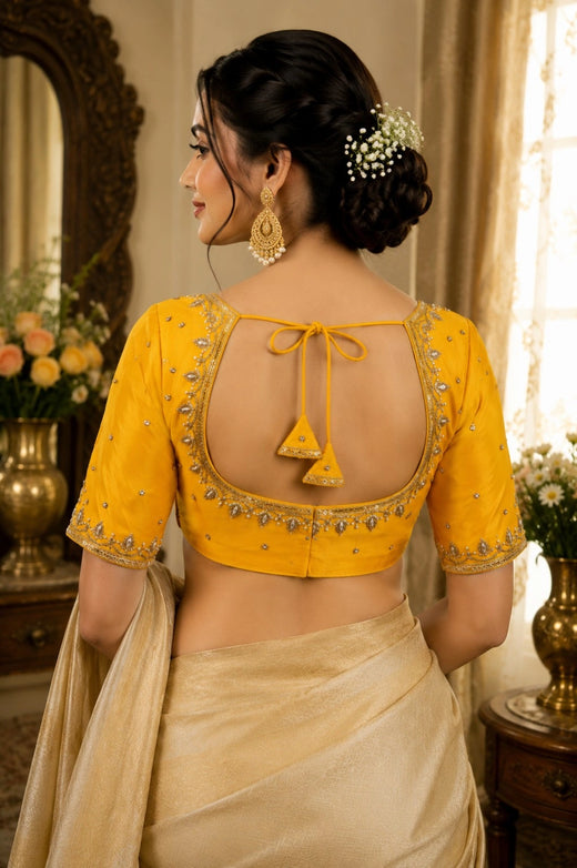 Mustard Yellow Raw Silk Bridal Ari Work Sweetheart Neck Blouse