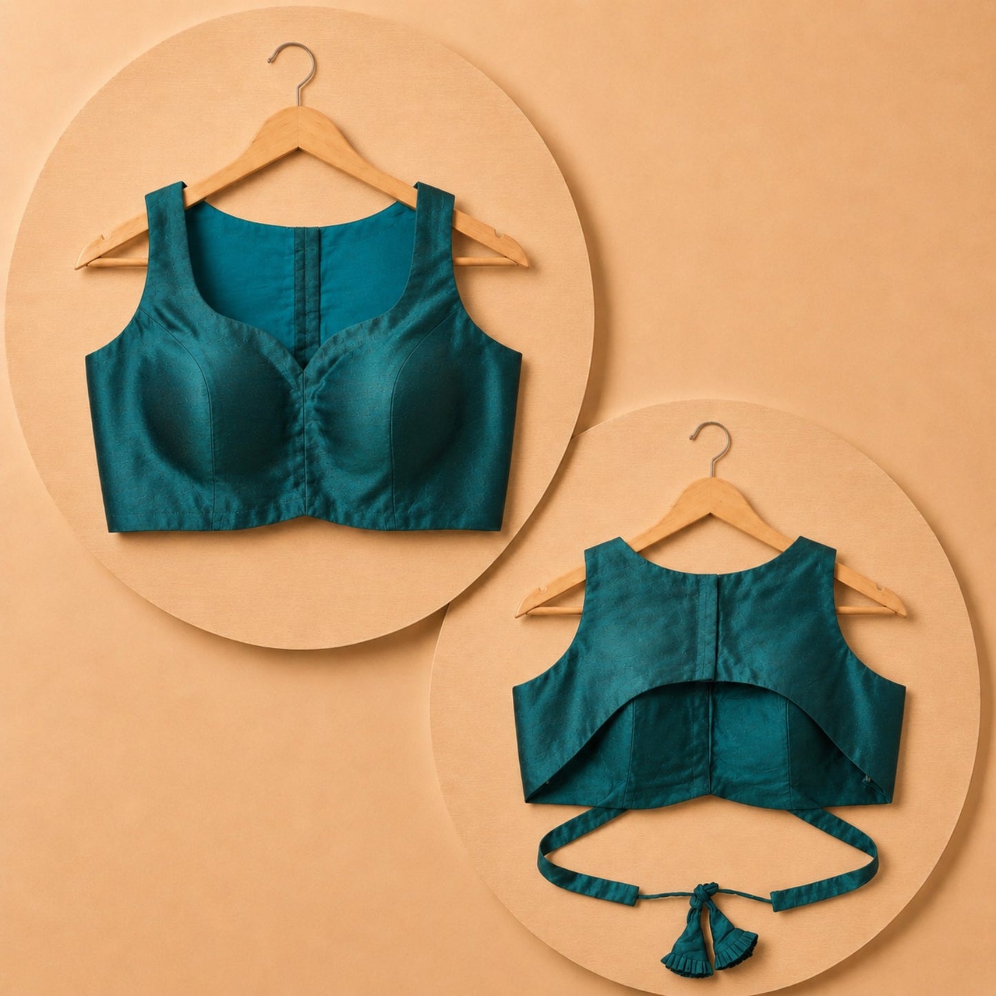 Teal Green Raw Silk Sweetheart Neck Sleeveless Tie-Back Blouse