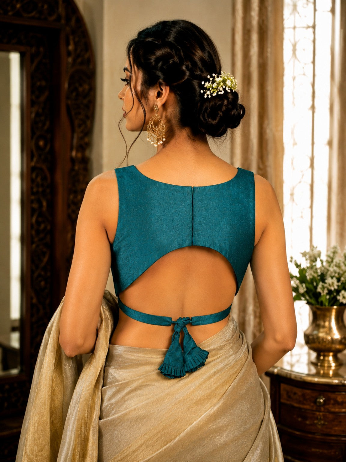 Teal Green Raw Silk Sweetheart Neck Sleeveless Tie-Back Blouse