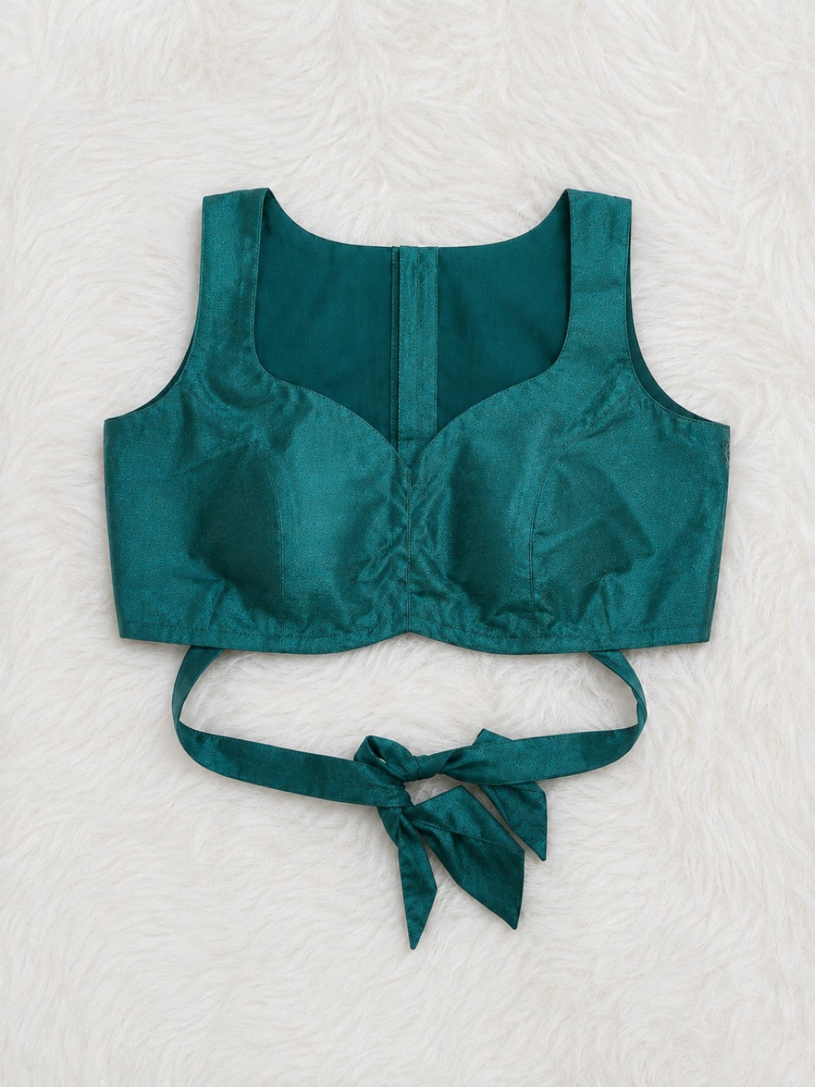 Teal Green Raw Silk Sweetheart Neck Sleeveless Tie-Back Blouse