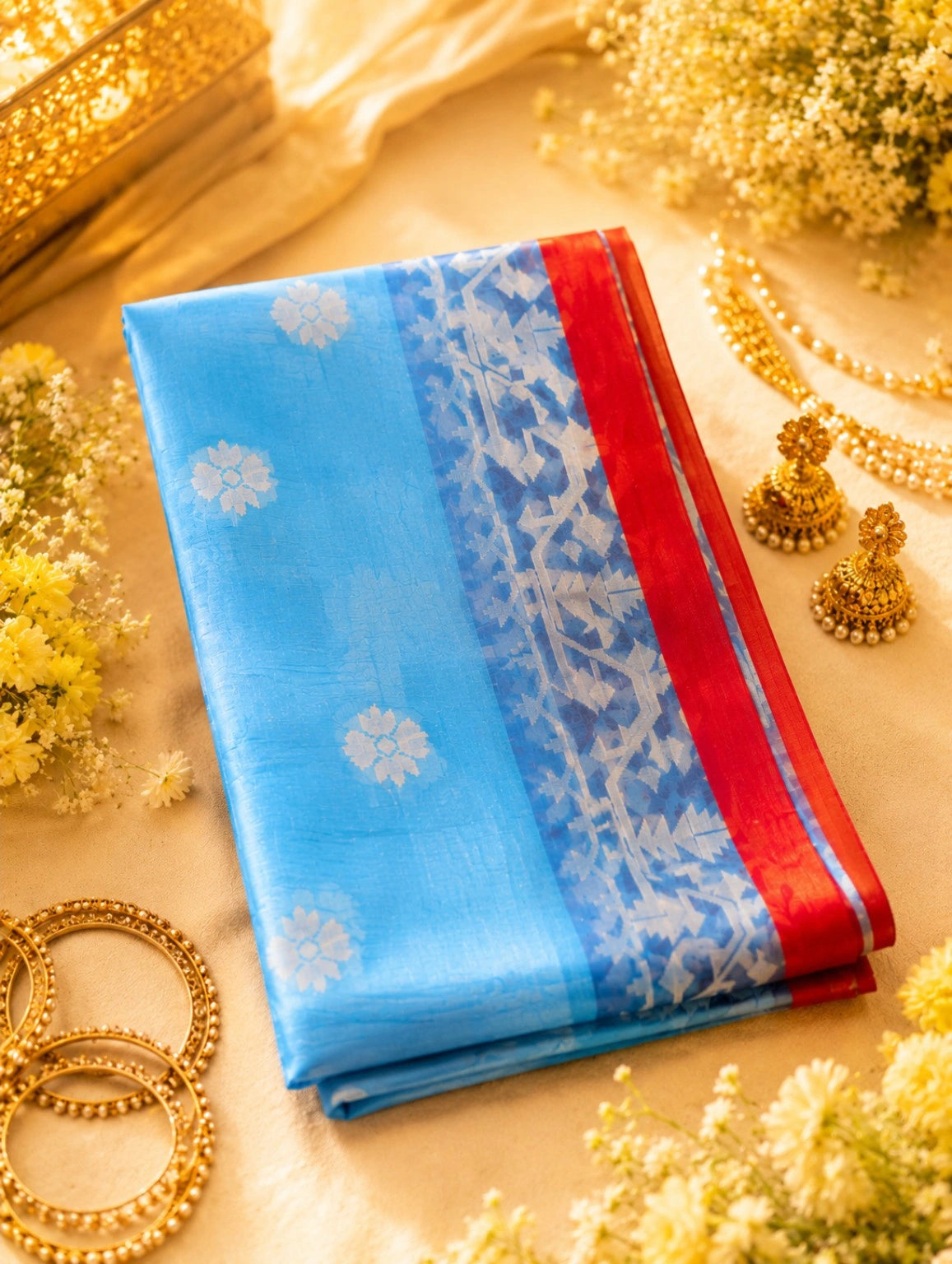 Sky Blue Muslin Jamdani Saree with White Floral Buti and Traditional Red Border Weaving