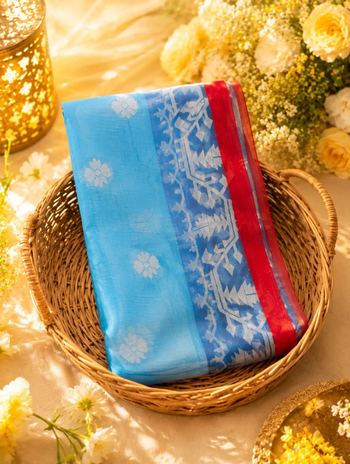 Sky Blue Muslin Jamdani Saree with White Floral Buti and Traditional Red Border Weaving