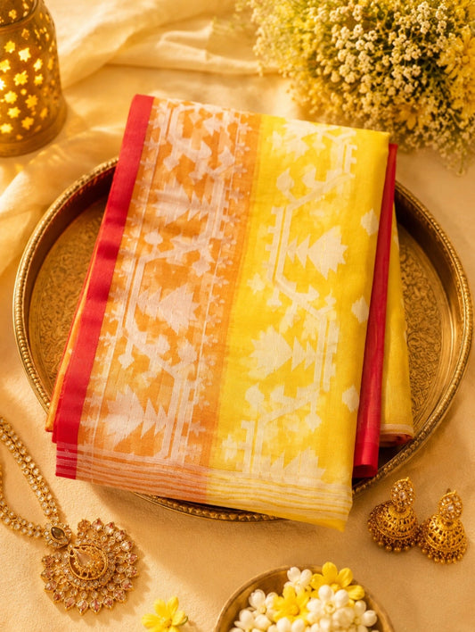 Sunshine Yellow Muslin Jamdani Saree with White Floral Buti and Heritage Woven Border