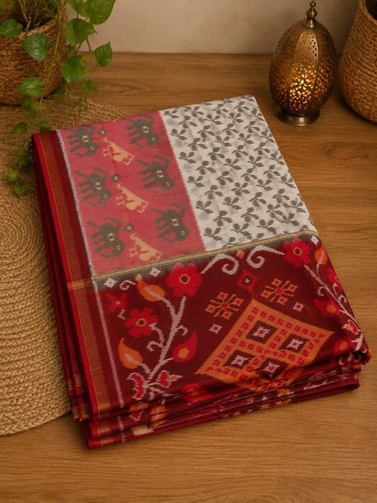 Sico Pochampally Saree with Floral Pallu & Elephant Motif Border in Maroon, Grey and Red