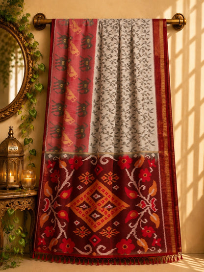 Sico Pochampally Saree with Floral Pallu & Elephant Motif Border in Maroon, Grey and Red