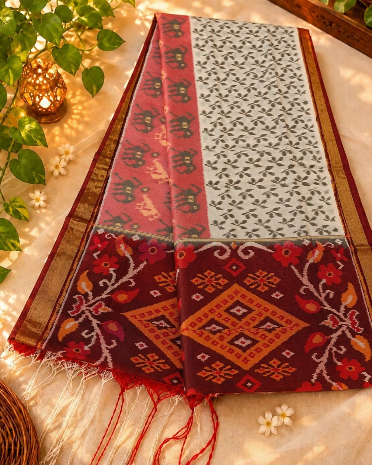 Sico Pochampally Saree with Floral Pallu & Elephant Motif Border in Maroon, Grey and Red