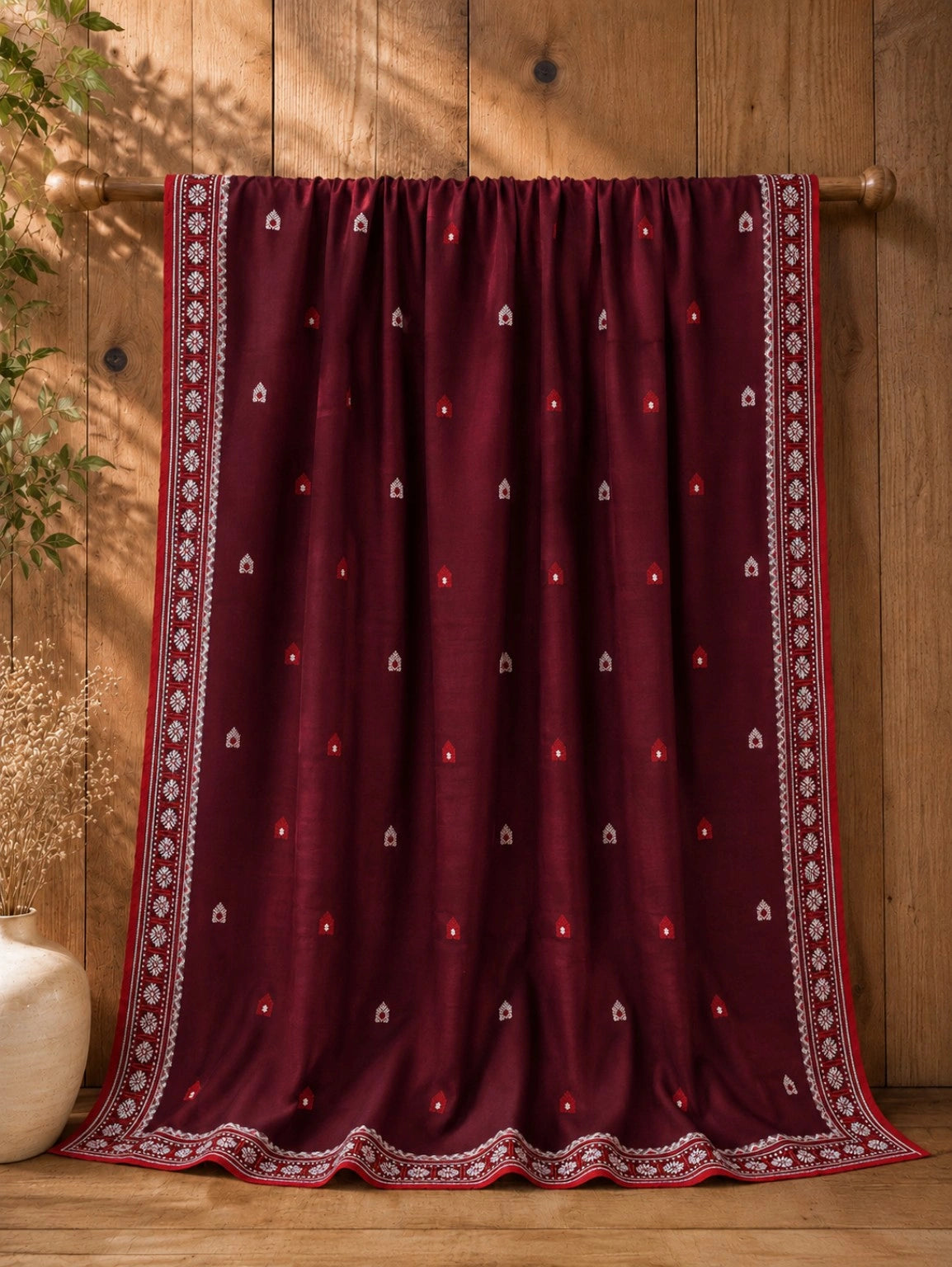 Maroon Pure Cotton Weaving Saree with Traditional Geometric Tribal Motifs