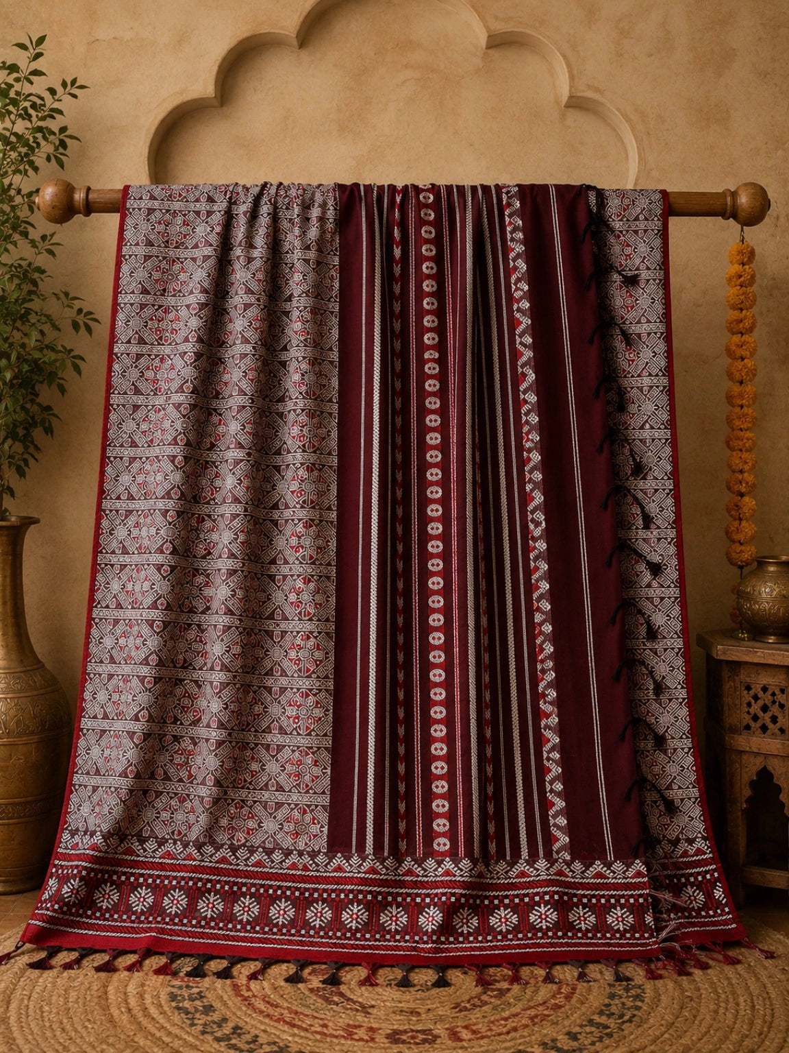 Maroon Pure Cotton Weaving Saree with Traditional Geometric Tribal Motifs