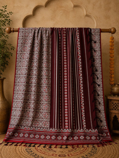 Maroon Pure Cotton Weaving Saree with Traditional Geometric Tribal Motifs