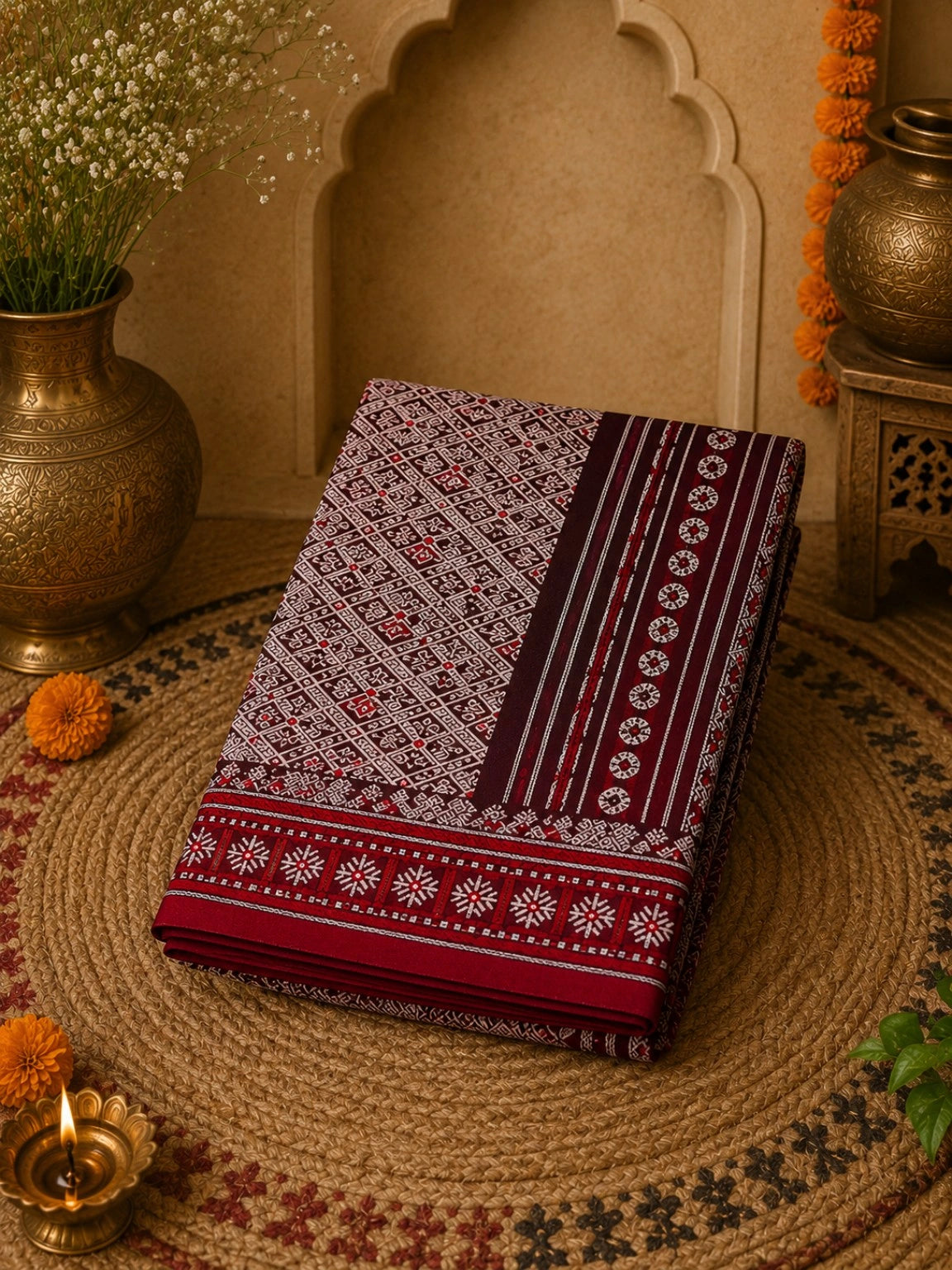 Maroon Pure Cotton Weaving Saree with Traditional Geometric Tribal Motifs