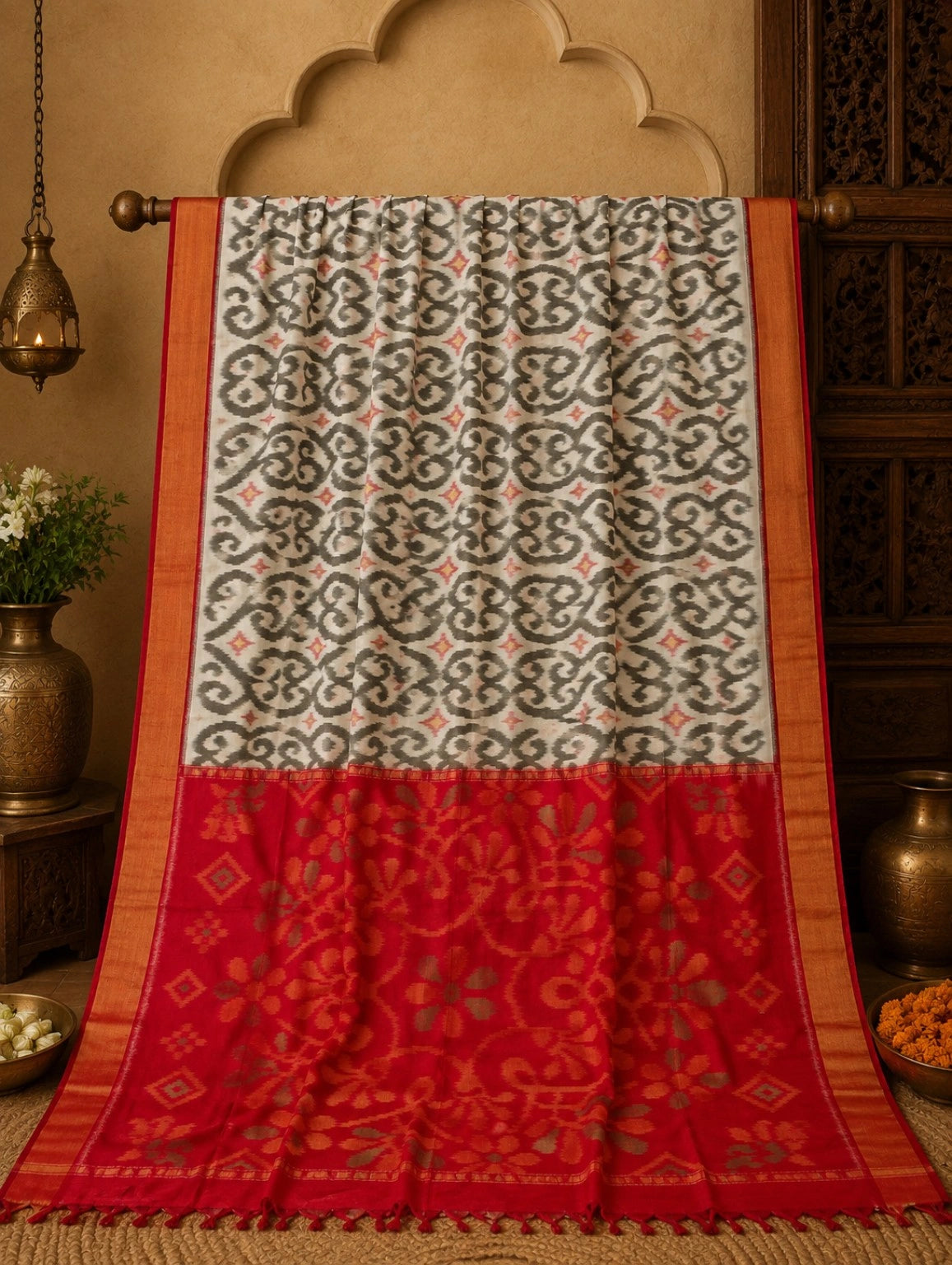Grey Ikat Pochampally Saree with Coral Pink Accents & Golden Border Weaving