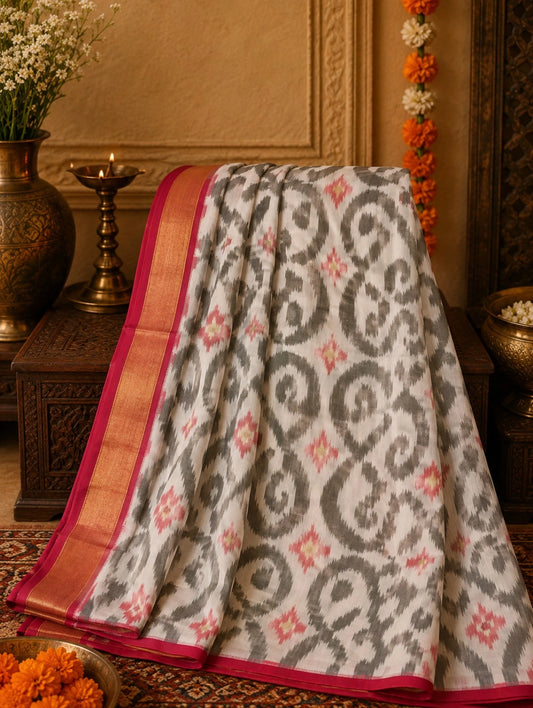 Grey Ikat Pochampally Saree with Coral Pink Accents & Golden Border Weaving
