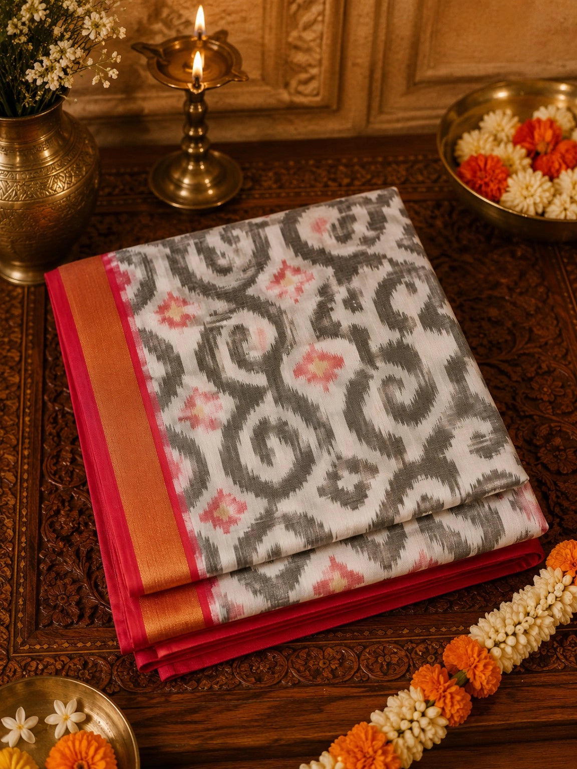 Grey Ikat Pochampally Saree with Coral Pink Accents & Golden Border Weaving