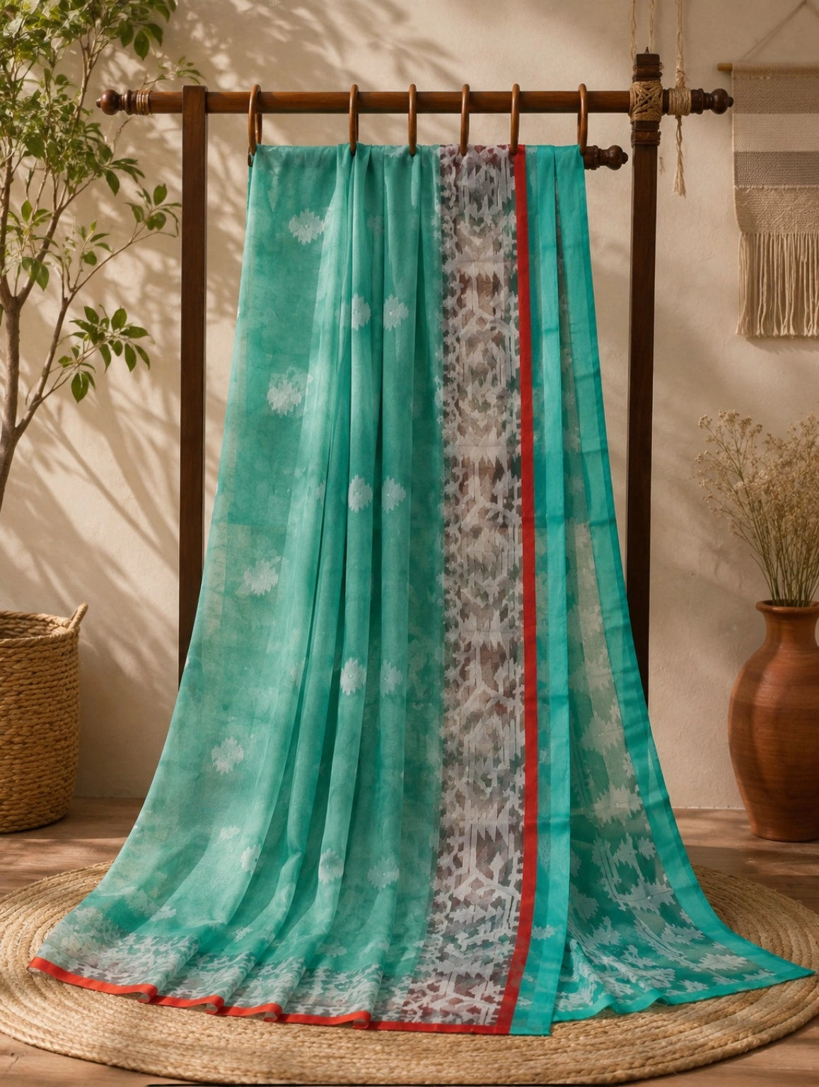 Sea Green Muslin Jamdani Saree with White Floral Buti Weaving and Geometric Designer Border