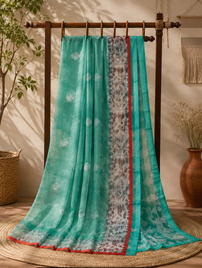 Sea Green Muslin Jamdani Saree with White Floral Buti Weaving and Geometric Designer Border
