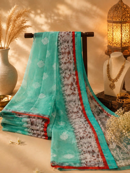 Sea Green Muslin Jamdani Saree with White Floral Buti Weaving and Geometric Designer Border