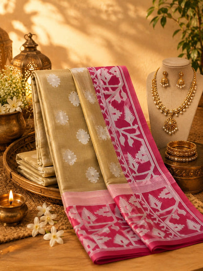 Beige Muslin Jamdani Soft Saree with White Buti Motifs and Pink Traditional Woven Border