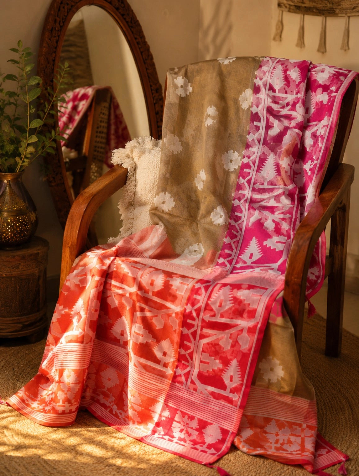 Beige Muslin Jamdani Soft Saree with White Buti Motifs and Pink Traditional Woven Border