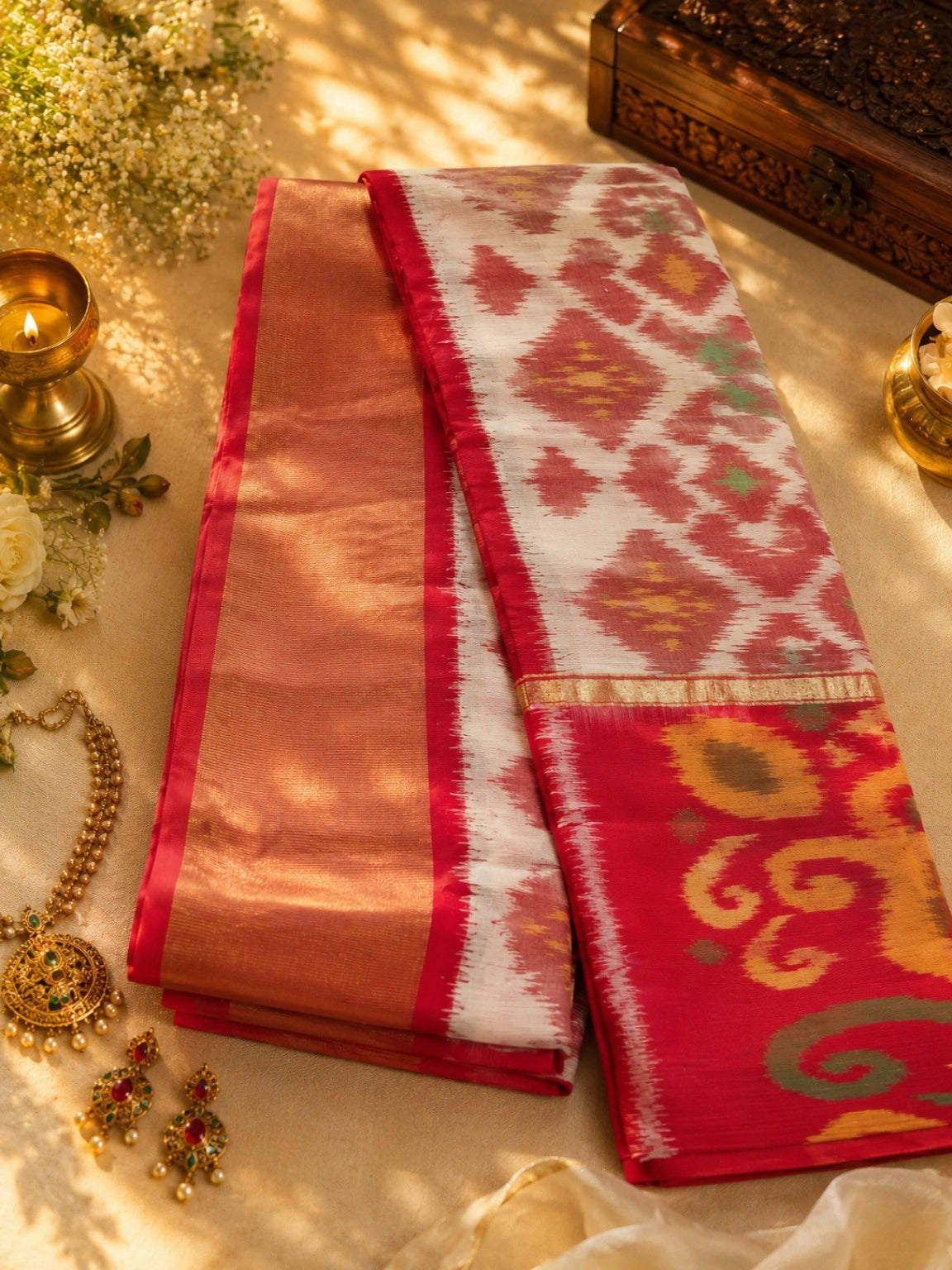 Red & Ivory Pure Pochampally Saree with Traditional Ikat Diamond Motifs and Zari Border